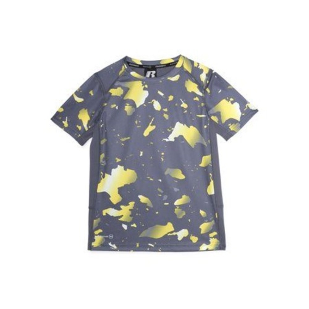 Russell Printed T-Shirt Boys XXL-18 Grey Yellow Activewear Short Sleeve Tee